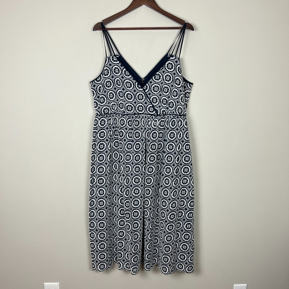 J Crew Midi Dress 16 Navy‎ White Embroidered Eyelet Double Strap A-Line Summer